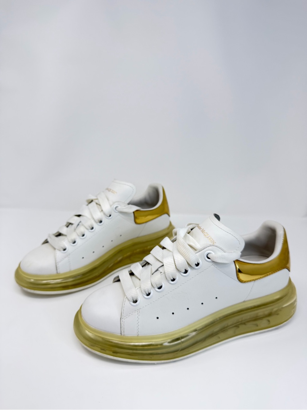 Alexander McQueen White Sneakers with Yellow-Green Soles and Metallic Gold Heel - Picture 2 of 6